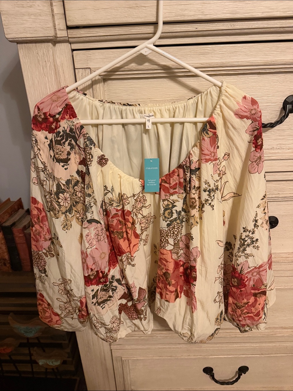 Maurices Cream Floral Bubble Hem Blouse with Pink & Red Blooms